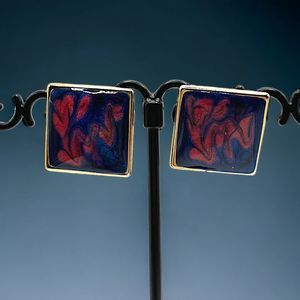 Vintage Murano Glass Marbled Blue and Red Earrings!